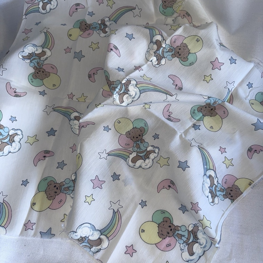 VTG Teddy Bear Balloon Fabric Remnant Rainbow Clouds Stars Nursery Pastel Craft